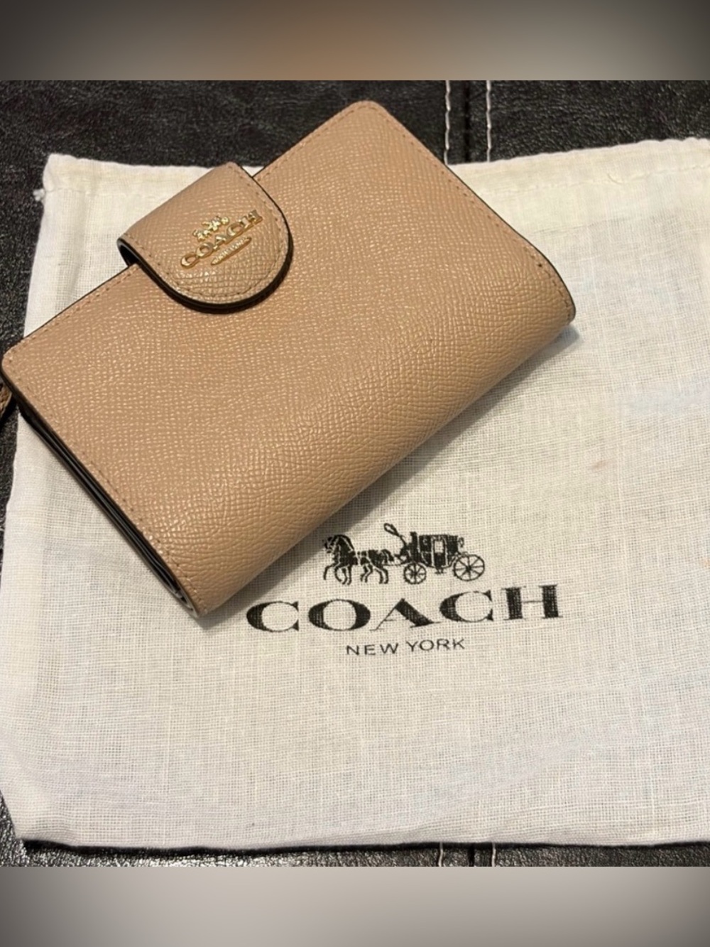 Coach Crossgrain Leather Compact Wallet in Taupe/Oxblood Interior